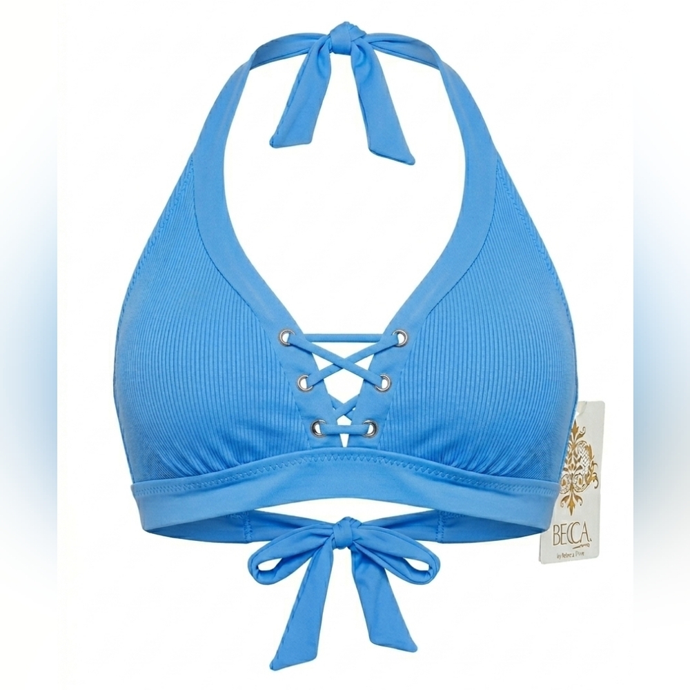 NWT BECCA Rebecca Virtue Modern Edge Ribbed Lace Up Halter Bikini Top Blue D